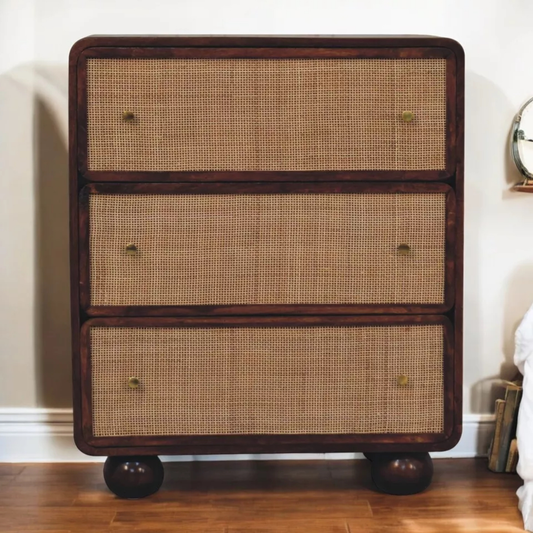 Nordic Style Chest Of Drawers - Chestnut  & Rattan 3 Drawer Storage Chest Unit